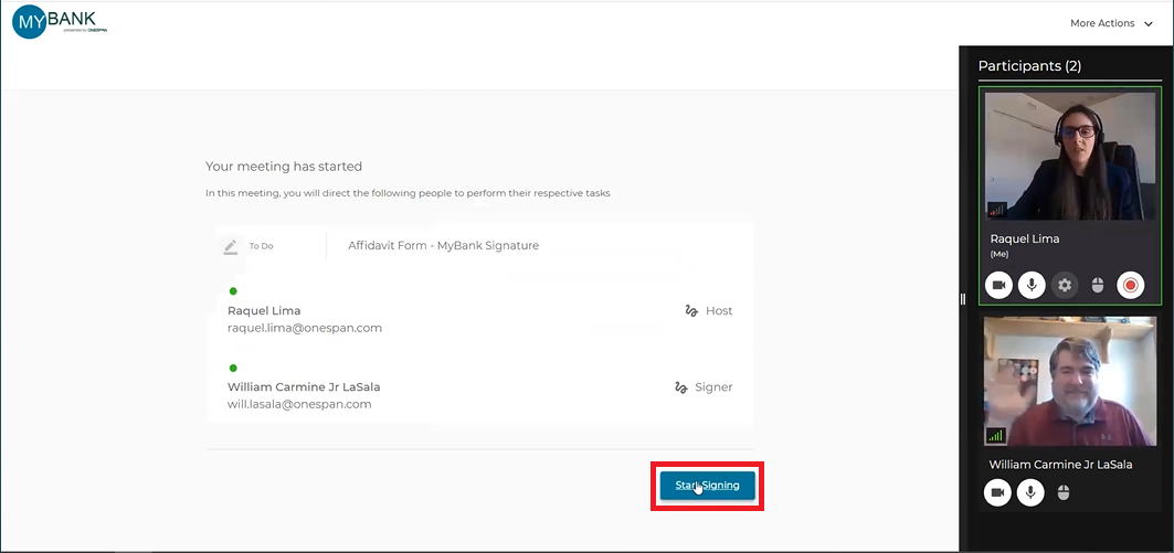 The notary clicks the ‘Start Signing’ button to initiate the e-signing and notarization process.